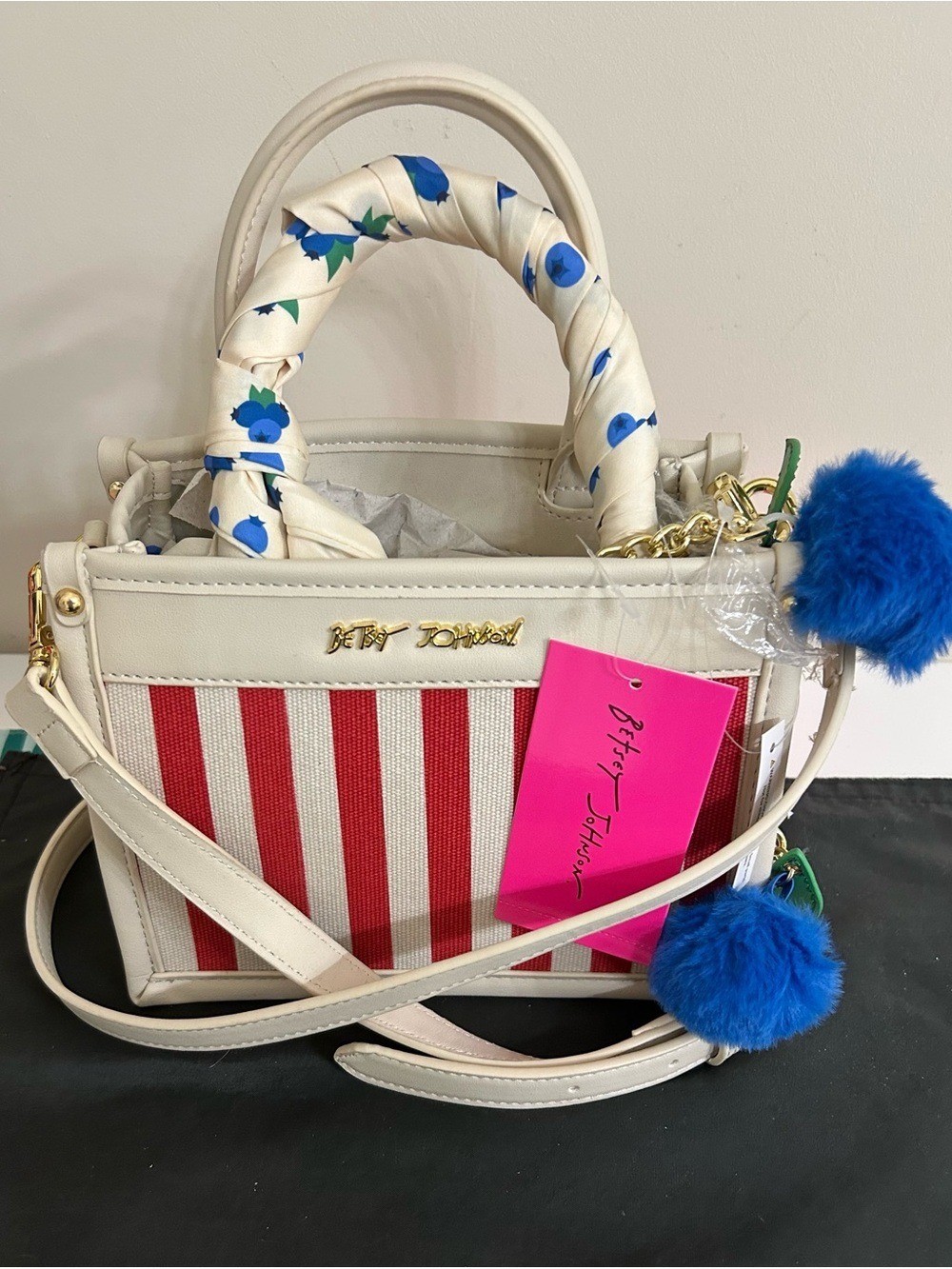 NWT Betsey Johnson Red Stripe Mini Satchel Crossbody Blue Pom Poms Scarf Handle